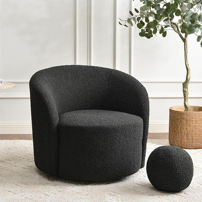 KINWELL Sherpa Swivel Barrel Chair & Round Ball Pillow Set - 34" Wide Modern Boucle Accent Chair with 9” Matching Nordic Decorative Throw Pillow for Living Room and Bedroom(Black)