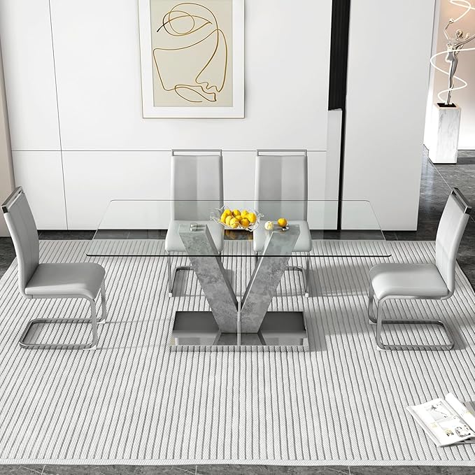 Dining Table Set, 5-Piece with 71'' Glass Table and 4 PU Leather Chairs, Ideal for Living Room Office, Grey