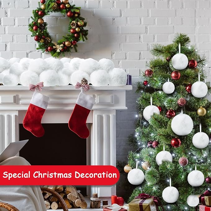 24 Pcs White Furry Christmas Ball Ornaments for Tree 2.36/3.15/3.94 Inches Pom Pom Ball Christmas Hanging Decoration for Party Supplies Fireplace Mantel Wall Decor