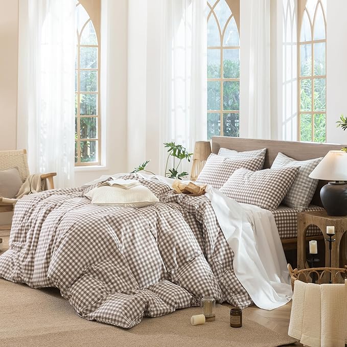 MooMee Gingham Duvet Cover Set 100% Washed Cotton Linen Like Textured Breathable Durable Soft Comfy Modern Checkered Design (Brown Gingham, Full 80"x90")