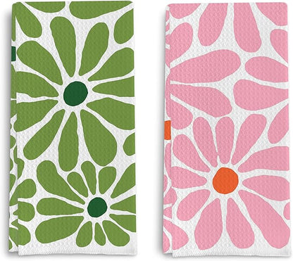 Boho Floral Hand Towels Chamomile Waffle Weave Pink Green Daisy