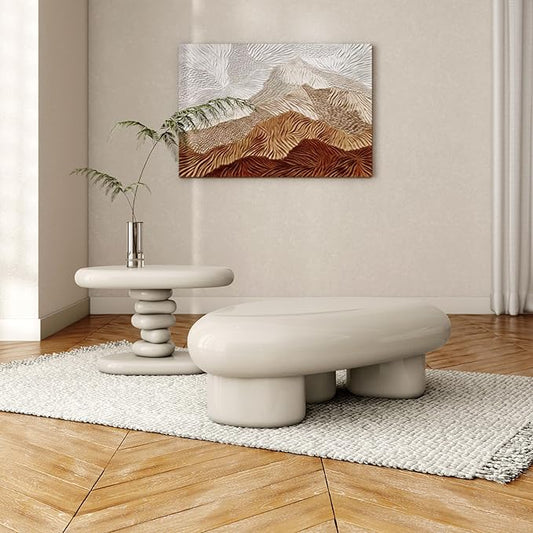 24/7 Shop at Home Kavren Modern 37-inch 2-Piece Oval Glossy Low Profile Coffee Table Set, Stone Shape Living Room Furniture for Small Space, Ivory