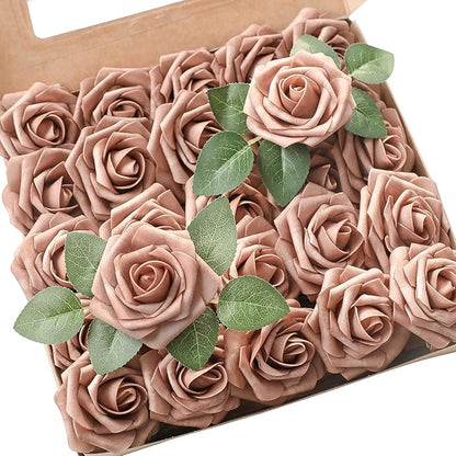 Floroom Artificial Flowers 25pcs Real Looking Warm Taupe Foam Fake Roses with Stems for DIY Wedding Bouquets Bridal Shower Centerpieces Floral Arrangements Party Tables Home Decorations