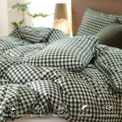 MooMee Gingham Duvet Cover Set 100% Washed Cotton Linen Like Textured Breathable Durable Soft Comfy Modern Checkered Design (Forest Green Gingham, Twin 68"x90")