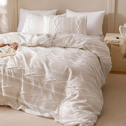 CLOTHKNOW Boho White Comforter Set California King 3Pcs Farmhouse Bedding Comforter Sets Clipped Jacquard Stripes Comforter White Khaki Comforter