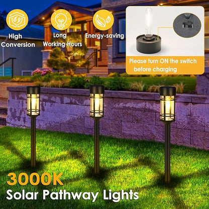 Mancra Solar Pathway Lights, 8 Pack LED Solar Lights Outdoor Waterproof, Glass Metal Garden Lighting for Yard Path Landscape Lawn Walkway Driveway, 3000K