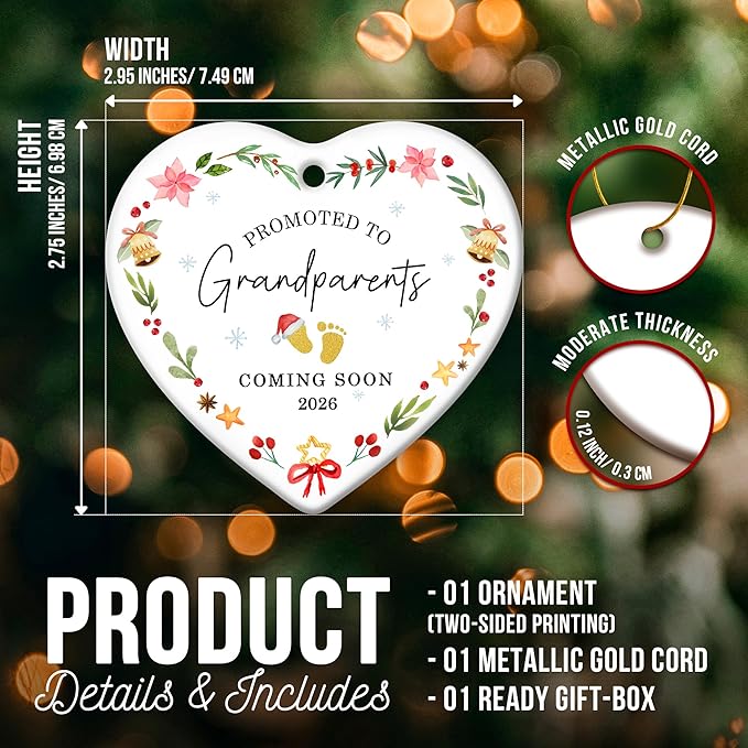 ZAGKOO Christmas Grandparents Gifts - First Time Grandparents Gifts - Promoted to Grandma, Grandpa Ornament - Coming Soon Baby Pregnancy Announcement 2026 for New Grandma, Grandpa - Ceramic Ornament