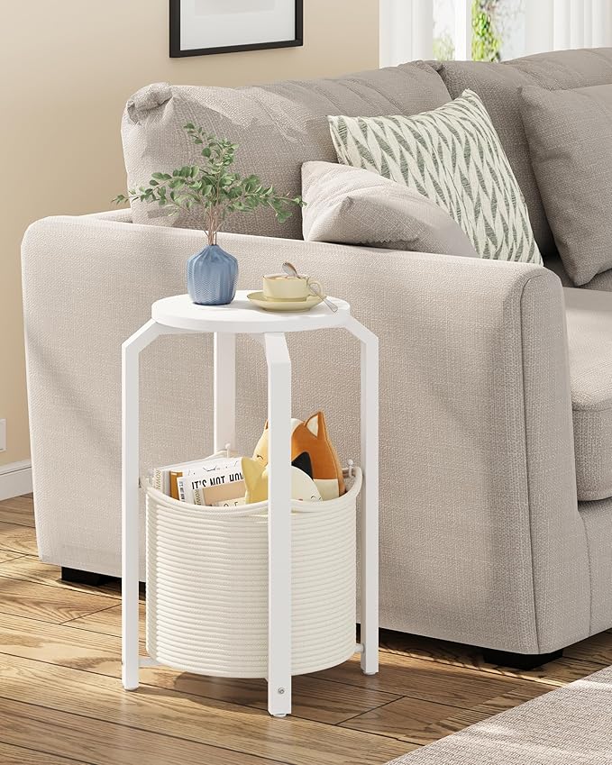 TUTOTAK Small Side Table, Round End Table, Night Stand, Bedside Table, Set of 2, Sofa Table with Storage Basket, Living Room, Bed Room, White TB01BW0922