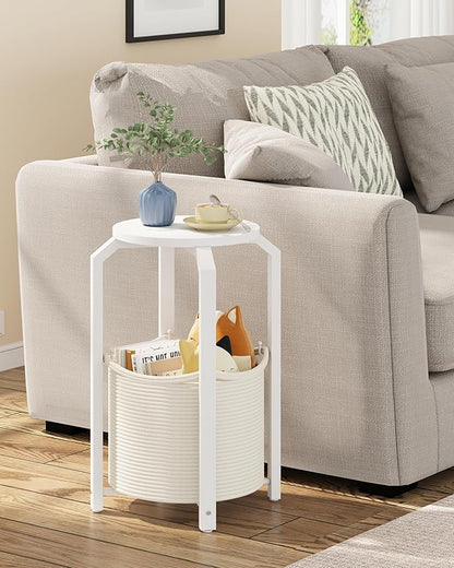 TUTOTAK Small Side Table, Round End Table, Night Stand, Bedside Table, Set of 2, Sofa Table with Storage Basket, Living Room, Bed Room, White TB01BW0922