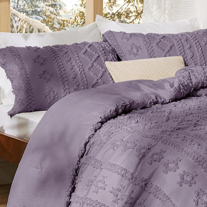 Bedsure Tufted Boho Comforter Set King Size - Grayish Purple Boho Bed Set, GentleSoft™ 3 Pieces Farmhouse Shabby Chic Embroidery Bedding, Gifts for Woman, Soft Jacquard King Comforter for All Seasons
