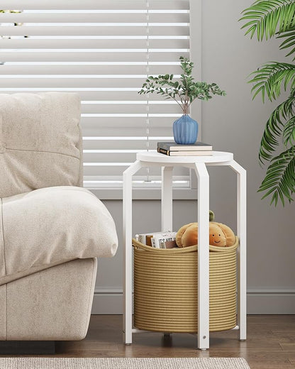 TUTOTAK Small Side Table, Round End Table, Night Stand, Bedside Table, Set of 2, Sofa Table with Storage Basket, Living Room, Bed Room, White and Beige TB01BWN0922