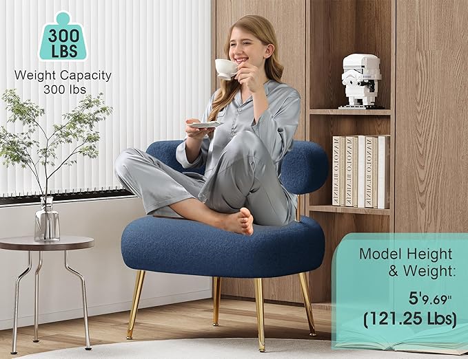 Mid Century Sherpa Boucle Accent Chair, Round Upholstered Barrel Arm Chair for Small Spaces, Fluffy Side Corner Chair for Living Room, Bedroom, Vanity, Office, Reading Nook(Navy Blue)