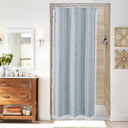 MitoVilla White Boho Farmhouse Small Stall Shower Curtain Set 36 x 72, Half Size Narrow Polyester Linen Fabric Shower Curtains for Farmhouse Bathroom Decor, White