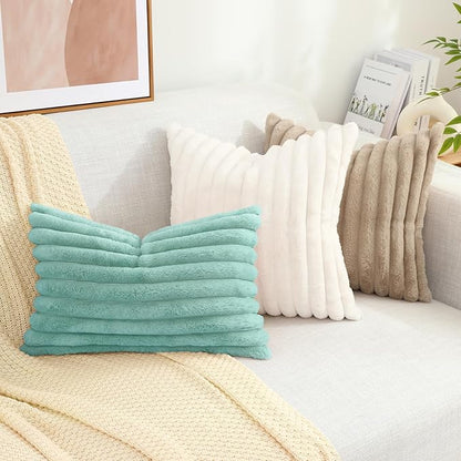 decorUhome Faux Fur Throw Pillow Covers 12x20 Set of 2, Decorative Soft Plush Striped Lumbar Neutral Euro Pillow Covers with Velvet Back for Bed, Living Room Home Decor, Aqua