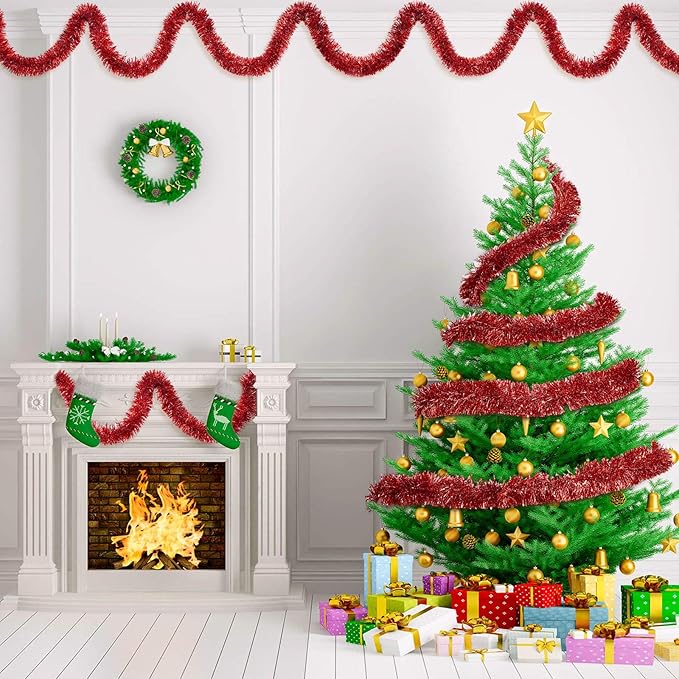 WILLBOND 50 ft Christmas Tinsel Garland Metallic Tinsel Twist Garland Christmas Tree Decorations New Year Wedding Birthday Hanging Decorations Party Supplies, 3 Inch(Red)