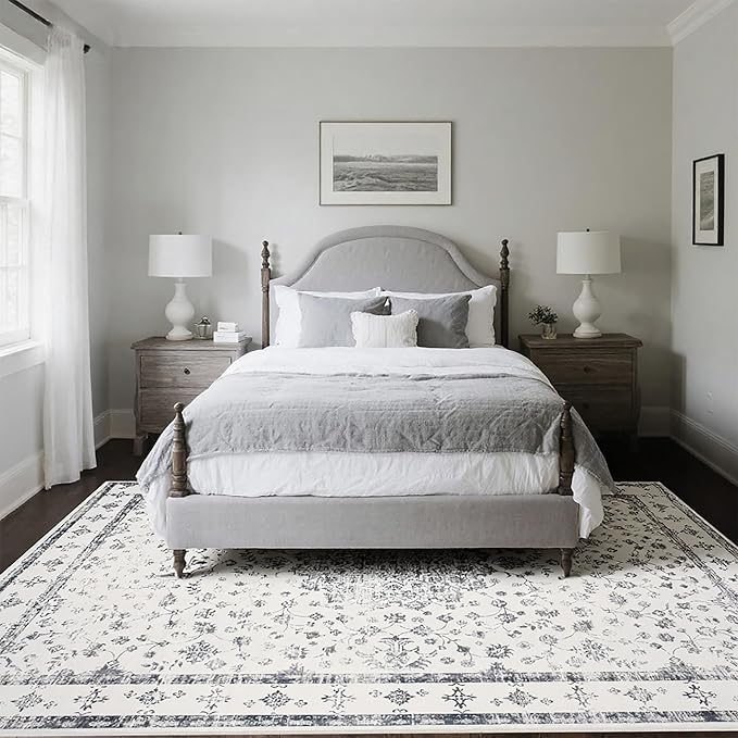 Washable Rugs 8x10 Area Rugs for Living Room,Rugs for Bedroom,Large Carpets,Ultra Soft Faux Wool Retro Dining Room Rug,Non Slip&Non-Shedding Low Pile Vintage Print Rug for Home Office-Grey