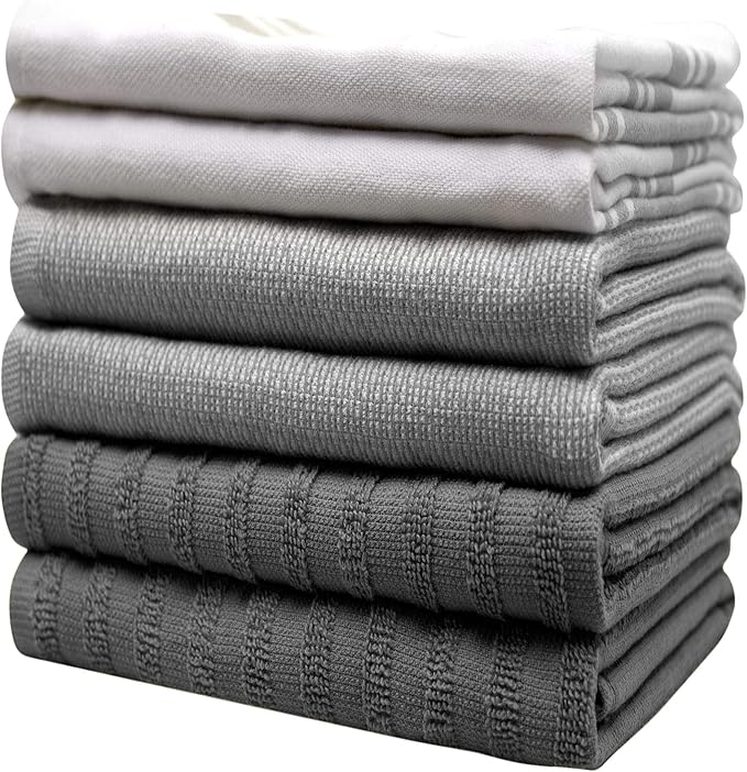 6 Pack Cotton Dish Towels 20x28 Absorbent with Hanging Loop Grey Striped