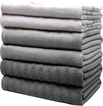 6 Pack Cotton Dish Towels 20x28 Absorbent with Hanging Loop Grey Striped