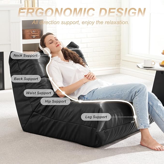 Hobestluk Giant Bean Bag Chair Lazy Floor Sofa, Fireside Sofa for Adults, Big Beanbag Faux Leather Armless Chair for Living Room Bedroom Dorm Office (Black, Single)
