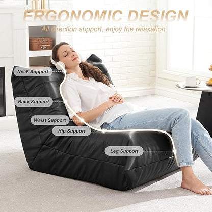 Hobestluk Giant Bean Bag Chair Lazy Floor Sofa, Fireside Sofa for Adults, Big Beanbag Faux Leather Armless Chair for Living Room Bedroom Dorm Office (Black, Single)