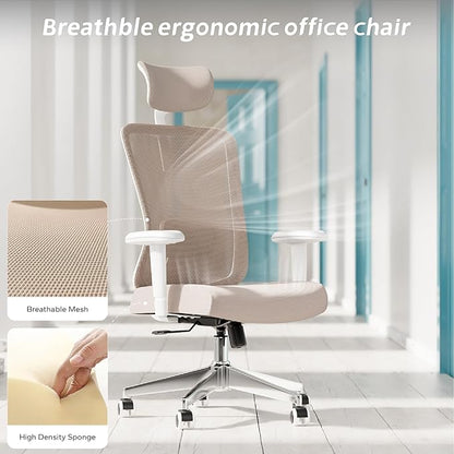 Ergonomic Office Chair with Adjustable Lumbar Support & Flip-Up Armrests - High Back Desk Chair with Thickened Seat Cushion, Rolling Wheels for Home/Office Study Work (05khaki)