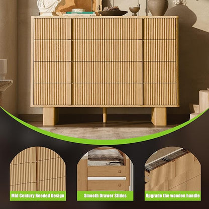 Fluted Dresser for Bedroom with 8 Drawers,47" Wide Modern Chest of Drawers with Wooden Handle, Wooden Dresser TV Stand, Wood Closet Clothes Storage Organizer for Living Room, Hallway, Light Oak