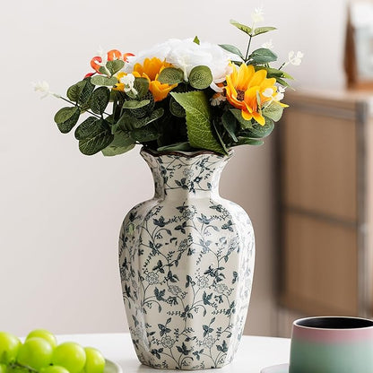 Blue and White Vase, Vintage Blue Ceramic Flower Vessel,Ceramic vases for Home Decor,Vintage Green and Beige for Console Table Mantle Chinoiserie Decor (Retro-01, Large)