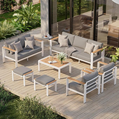 Aluminum Outdoor Patio Furniture Set with Table, 7 Piece Patio Conversation Sets Outdoor Chair with Thick Cushion, Ottomans, Patio Sectional Furniture Set for Porch, Balcony, Deck, Yard, White