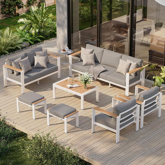 Aluminum Outdoor Patio Furniture Set with Table, 7 Piece Patio Conversation Sets Outdoor Chair with Thick Cushion, Ottomans, Patio Sectional Furniture Set for Porch, Balcony, Deck, Yard, White