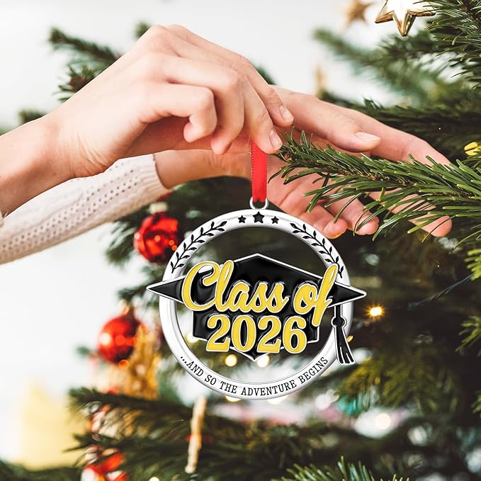 Graduation Ornament Class of 2026, Metal Graduation Cap Hanging Keepsake Ornament, Elegant Black and Gold Graduations Decorations for Tree, Senior 2026 Gift for Students, Grad Party Decorations