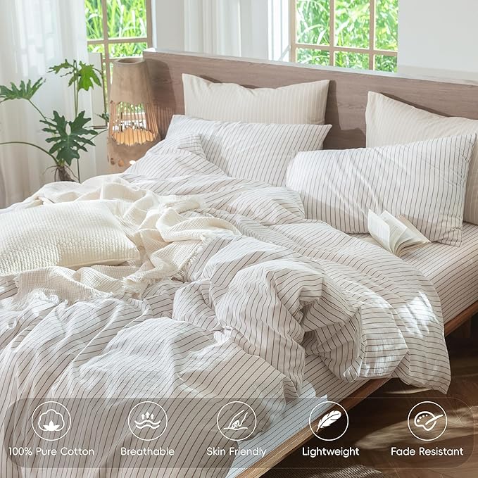 MooMee Striped Duvet Cover Set 100% Washed Cotton Linen Like Textured Breathable Durable Soft Comfy (White Orange Wide Stripes, Palatial King/Oversized King 120"x98")