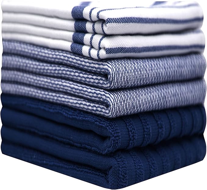 Premium Kitchen Towels 6 Pack Large Cotton Flat Terry Absorbent Tea Towels with Hanging Loop Navy Blue Striped 20x28