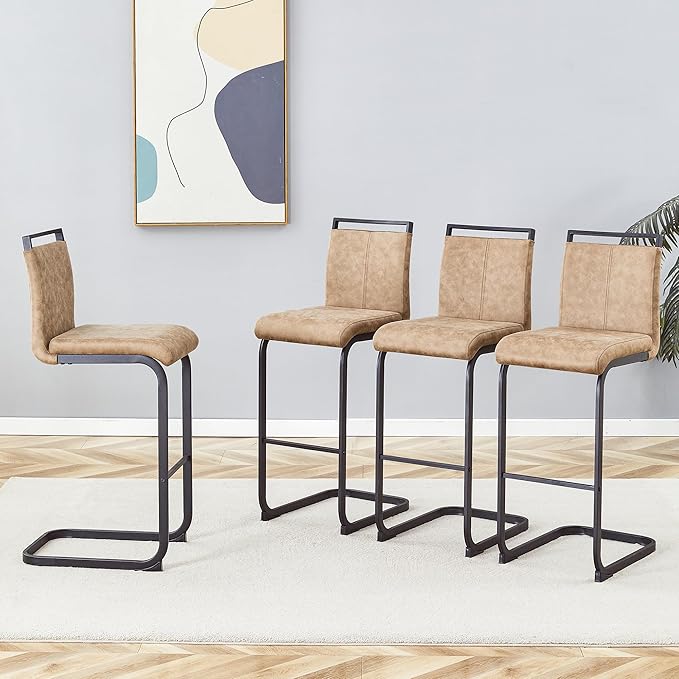 Bar Stools Set of 4, 30" H Counter Height Bar Stools with Footrest, Brown Faux Leather and Black Painted Metal Leg, Ideal for Kitchen Island and Pub Counter Dining Chair