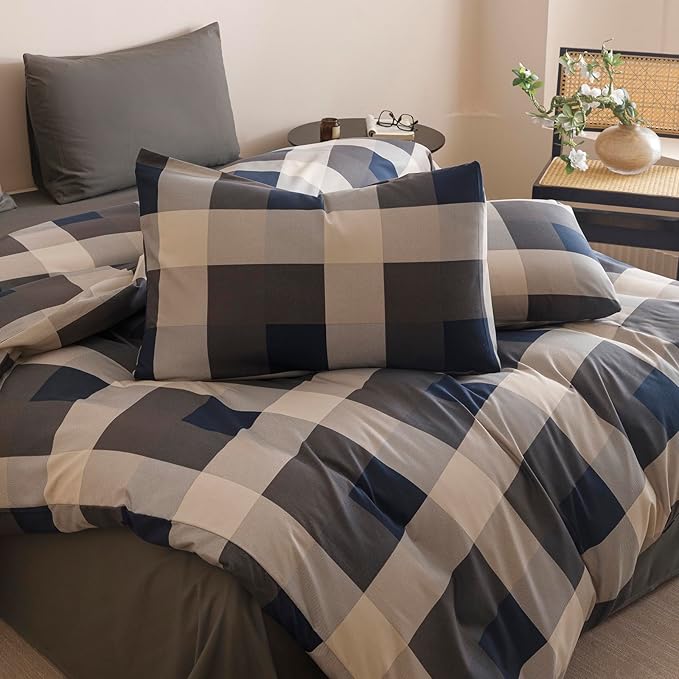 CLOTHKNOW Blue Plaid Comforter Set Twin/Twin XL Gingham Buffalo Bedding Comforter Sets Navy Beige Geometric Comforter Twin Sets