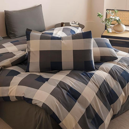 CLOTHKNOW Blue Plaid Comforter Set Twin/Twin XL Gingham Buffalo Bedding Comforter Sets Navy Beige Geometric Comforter Twin Sets