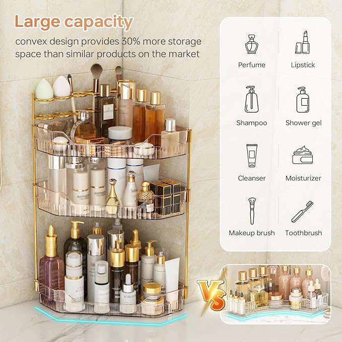 Corner Bathroom Counter Organizer with Makeup Brush Holder & Toothbrush Holders, Makeup Organizer for Vanity Countertop, Acrylic Skincare Storage Shelf (Amber, 3-Tier)