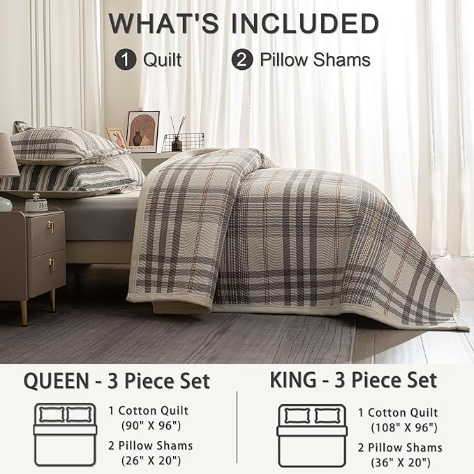Cotton Plaid Quilt Set King 3 Piece Lightweight Reversible Bedding, Grid Grey White