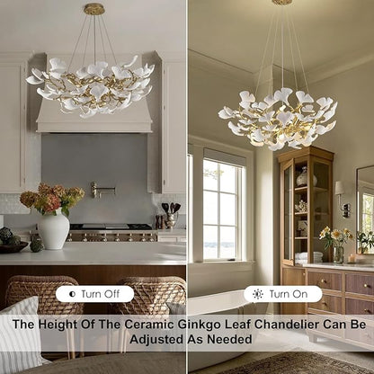 10-Light Gold Tree Branches Chandeliers, 32''Modern Round Ceramic Ginkgo Leaf Chandelier, Dining Room Chandelier Over Table, for Living, Foyer, Kitchen, Bedroom