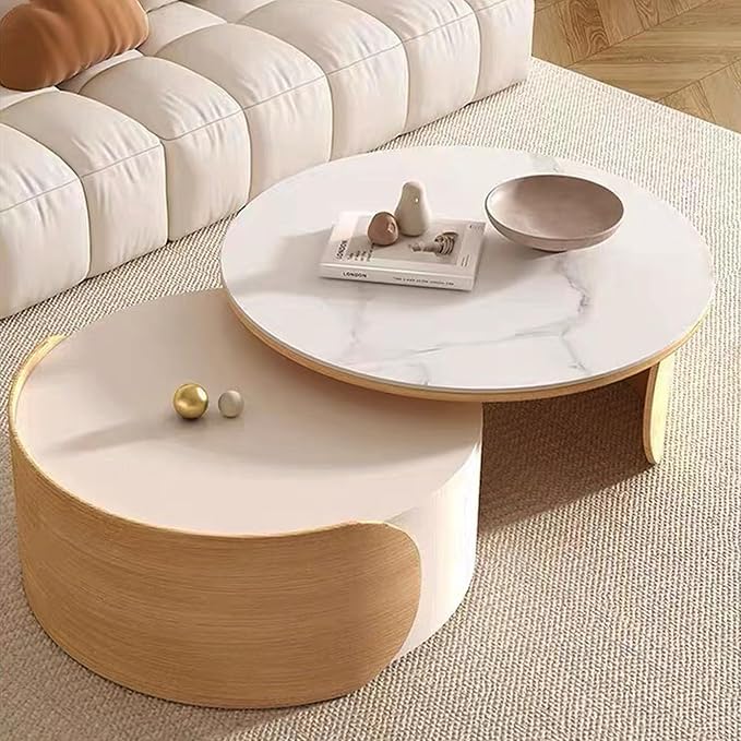 31.5'' Round Coffee Table, Modern Nesting Coffee Table with Storage Drawer, White Sintered Stone Coffee Table Wood Coffee Table for Living Room, Office