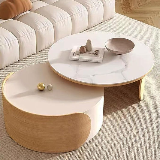31.5'' Round Coffee Table, Modern Nesting Coffee Table with Storage Drawer, White Sintered Stone Coffee Table Wood Coffee Table for Living Room, Office