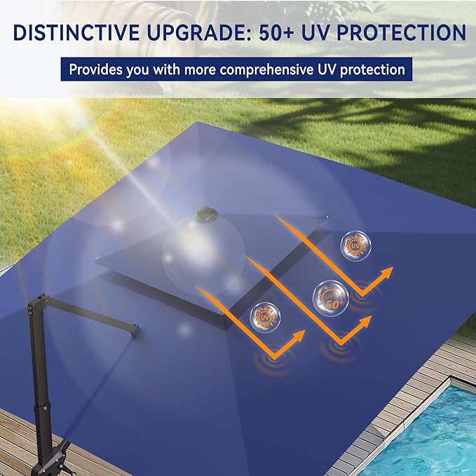 10' X 10' Cantilever Patio Umbrella Outdoor Heavy Duty Double Top Windproof Square Offset Umbrellas with 360-degree Rotation for Pool Deck Backyard, Navy