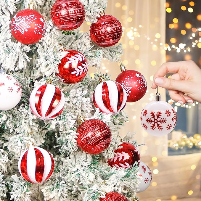 40PCS 2.36" Christmas Balls Ornaments, Plastic Christmas Tree Ornaments, Holiday Baubles, Hanging Decorations for Xmas Trees Holiday Party, Red White Baubles