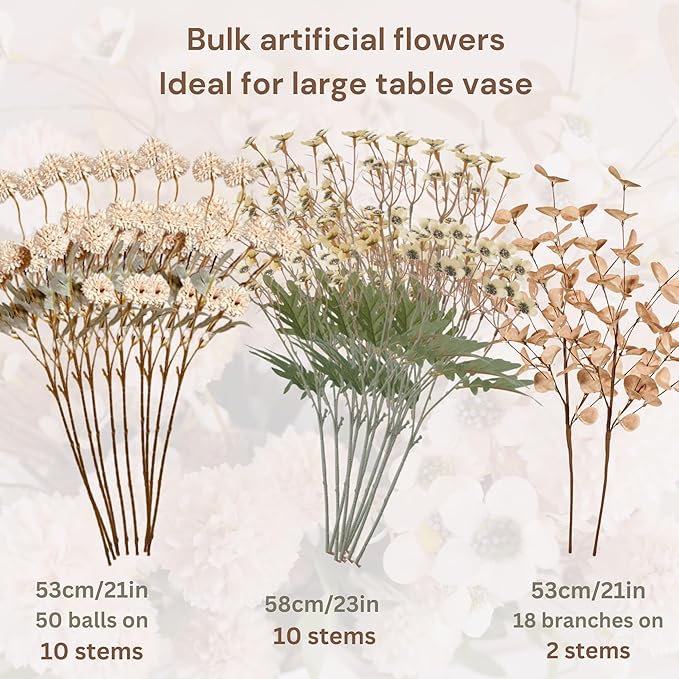 Beige Silk Flower Arrangements For Home Decor, Large Floral Centerpieces For Tables, Fake Mums + Eucalyptus + Wild Flowers in Bulk, Long Stem Artificial Flowers, Faux Mums Flowers