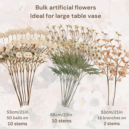 Beige Silk Flower Arrangements For Home Decor, Large Floral Centerpieces For Tables, Fake Mums + Eucalyptus + Wild Flowers in Bulk, Long Stem Artificial Flowers, Faux Mums Flowers