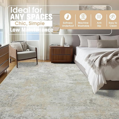 9x12 Area Rugs for Living Room Rug Washable: Abstract Large Rug for Dining Room Bedroom Carpet Non Slip 9 by 12 Indoor Modern Nursery Home Office Beige Grey