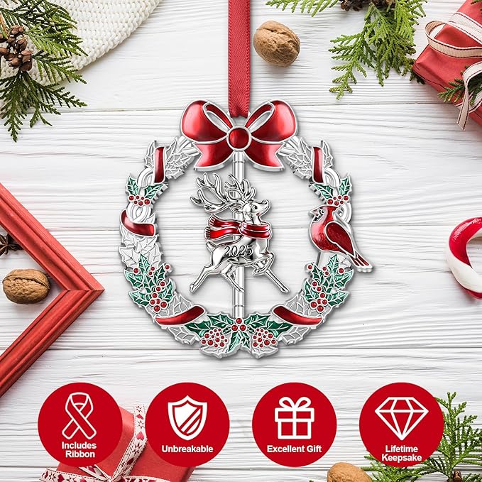 Christmas Ornament 2025 for Xmas Tree Hanging Decorations - 2025 Deer Christmas Wreath Ornament with Rotatable Reindeer for Holiday Decoration Keepsake Gift Lover Friends Family