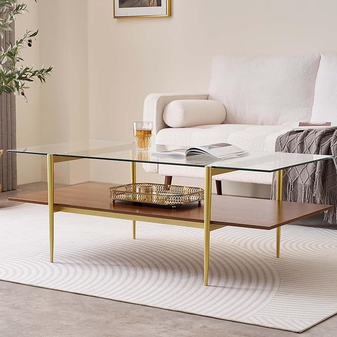 X-Large Rectangle Glass Coffee Table, Mid-Century Modern Design, for Living Room, L47 x W24 x H17 Inch, Clear Glass Top and Walnut MDF Shelf, Sleek Conical Legs with Gold Finish Frame