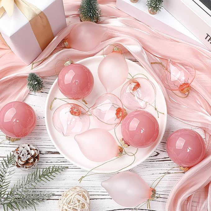 Zomiboo 12 Pcs Vintage Rose Glass Christmas Ball Ornaments Set 3.15" Hanging Shatterproof Glass Bulbs for Christmas Tree Baubles Bulk for Holiday Xmas Tree Decorations Gifts