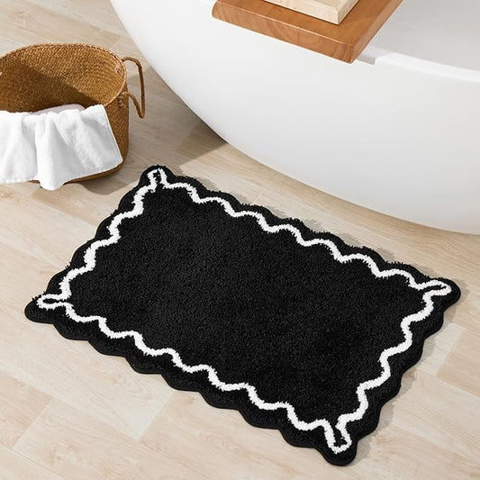 ORTIGIA Black Bath Mat with White Scallop Non Slip, Quick Dry Bath Rug Absorbent Soft Plush Microfiber Bathmat for Bathroom Floor for Sink Bedroom, 20x32