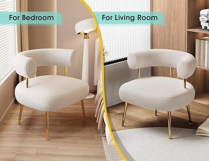 Modern Velvet Accent Chair, Round Upholstered Barrel Armchair for Small Spaces, Fluffy Side Corner Chair for Living Room, Bedroom, Vanity, Office, Reading Nook(Cream White)